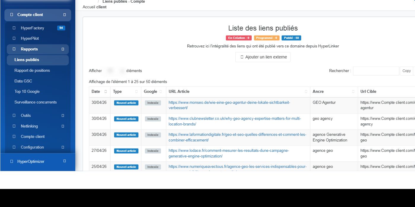 HyperLinker — liens commandés et publiés